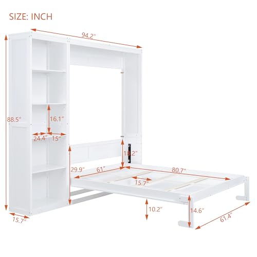 White Queen Size Murphy Bed with Storage Shelves A2364