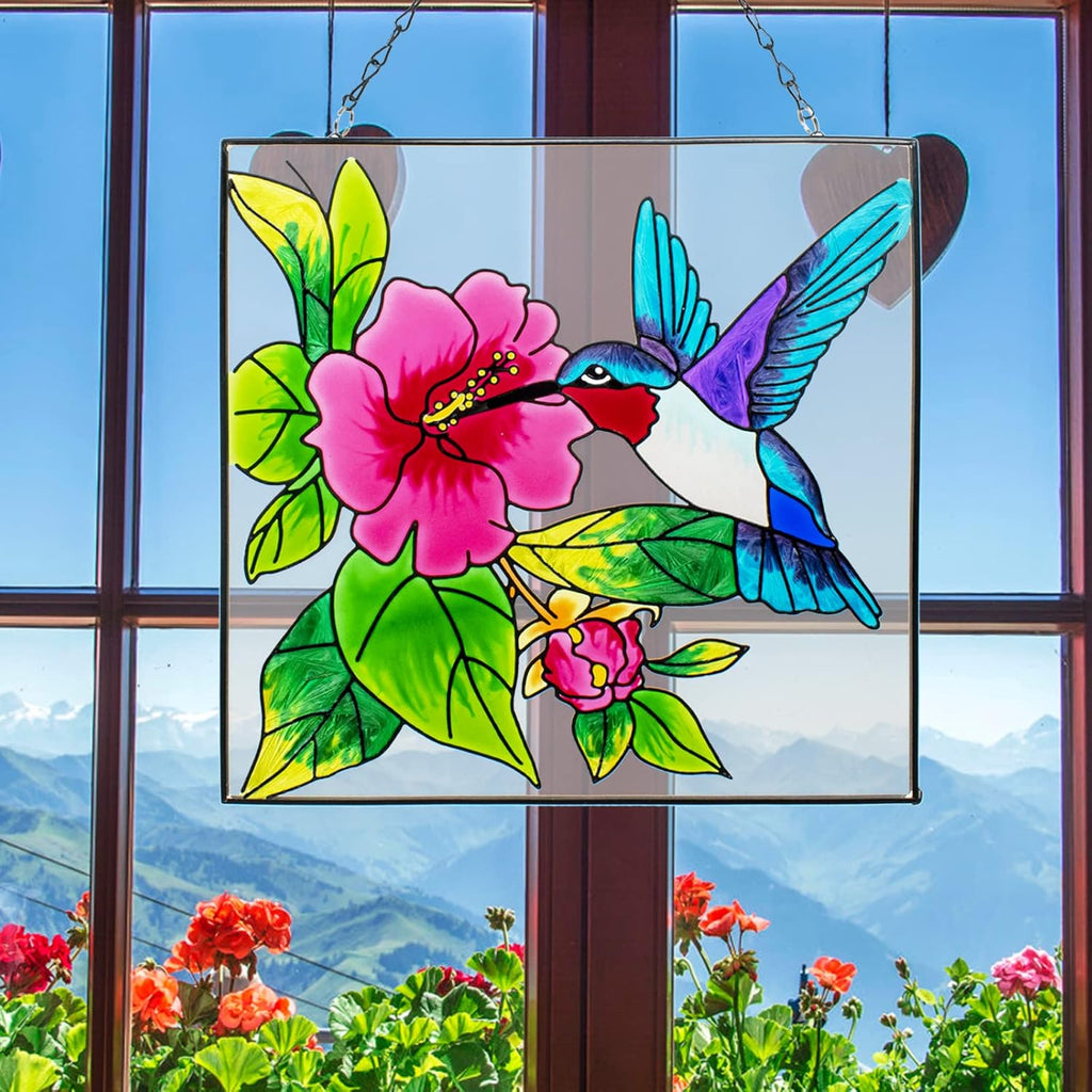 Hummingbird Stained Glass Window Hangings with Metal Chain E66090