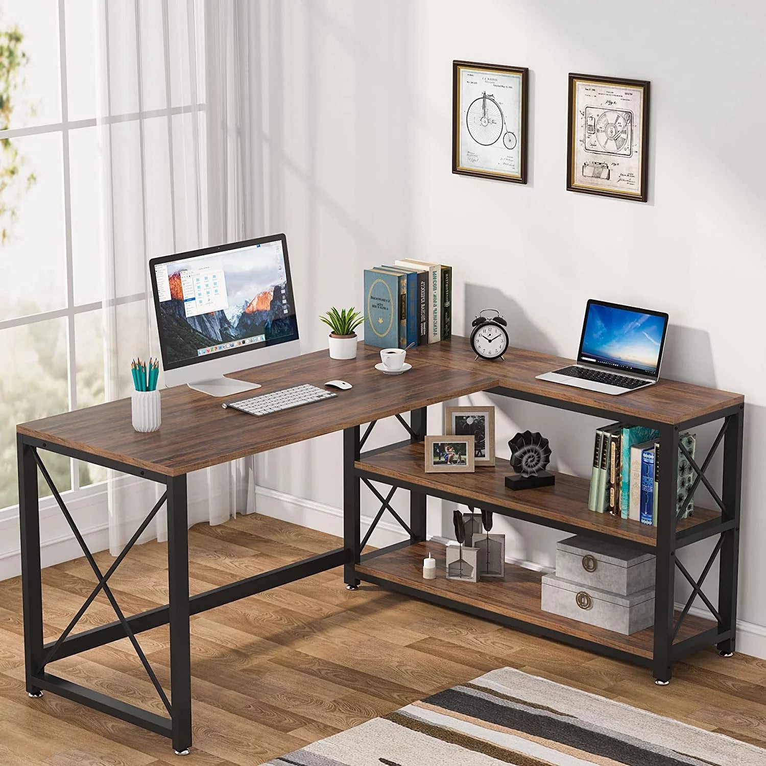 Reversible Industrial L-Shaped Desk with Storage Shelves, Corner Computer Desk (Brown, 59") J136747