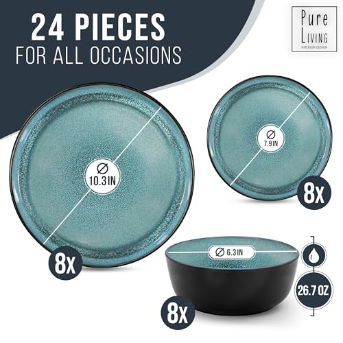 24 Piece Stoneware Dinnerware Set for 8, Beige Light Blue T757879