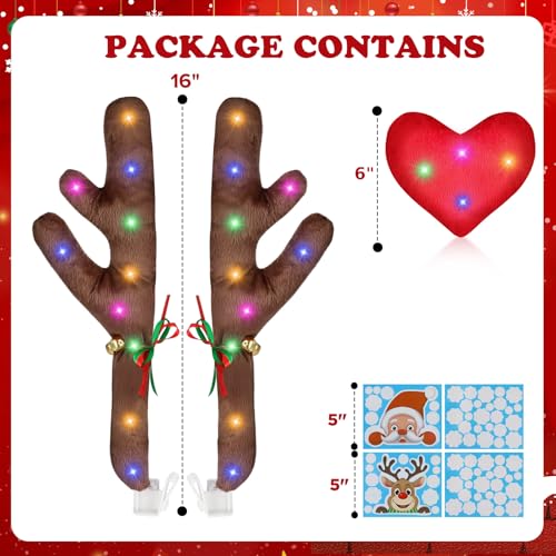 Car Decoration with LED Lights, Car Antlers, Window Sticker, Jingle Bells, Rudolph Nose - Car Reindeer Auto Holiday Accessories Decoration Kit Z459298