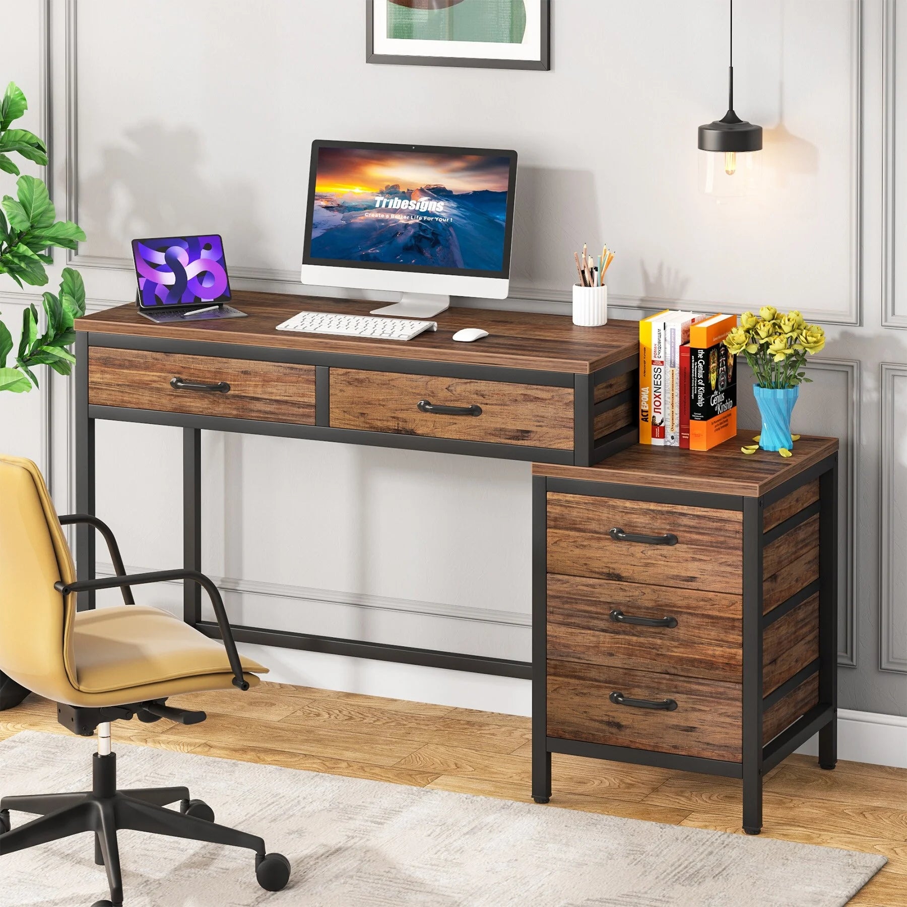 Rustic Brown Reversible Computer Desk with 5 Drawers N581964