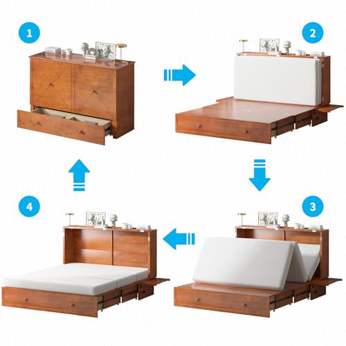 Queen Size Murphy Bed with Tri-Folding Mattress and Drawers H52517