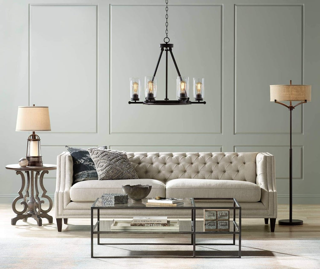Deep Bronze Metal Floor Lamp with Tan Burlap Drum Shade J32703