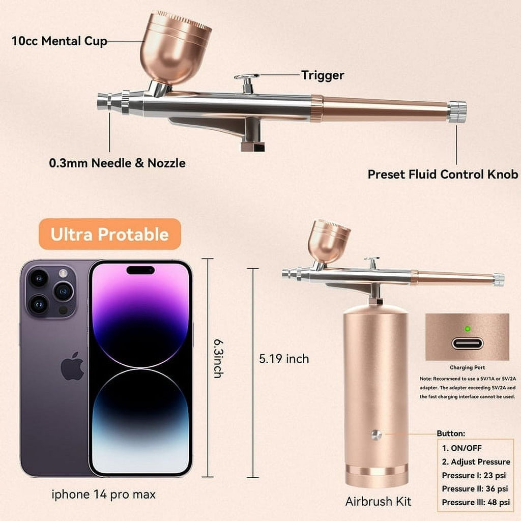 Handheld Cordless Dual-Action Airbrush Kit with 0.3mm Nozzles H3924