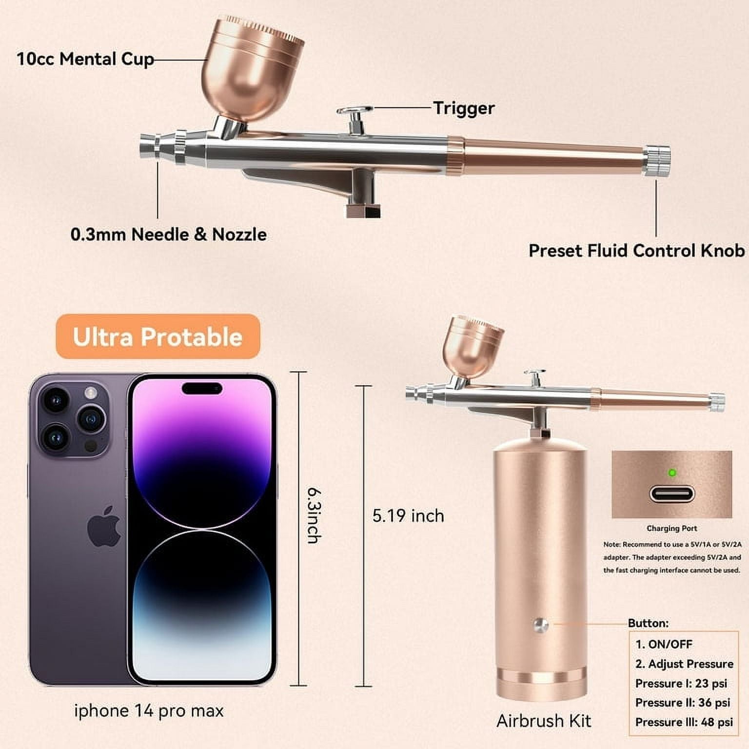 Handheld Cordless Dual-Action Airbrush Kit with 0.3mm Nozzles H3924