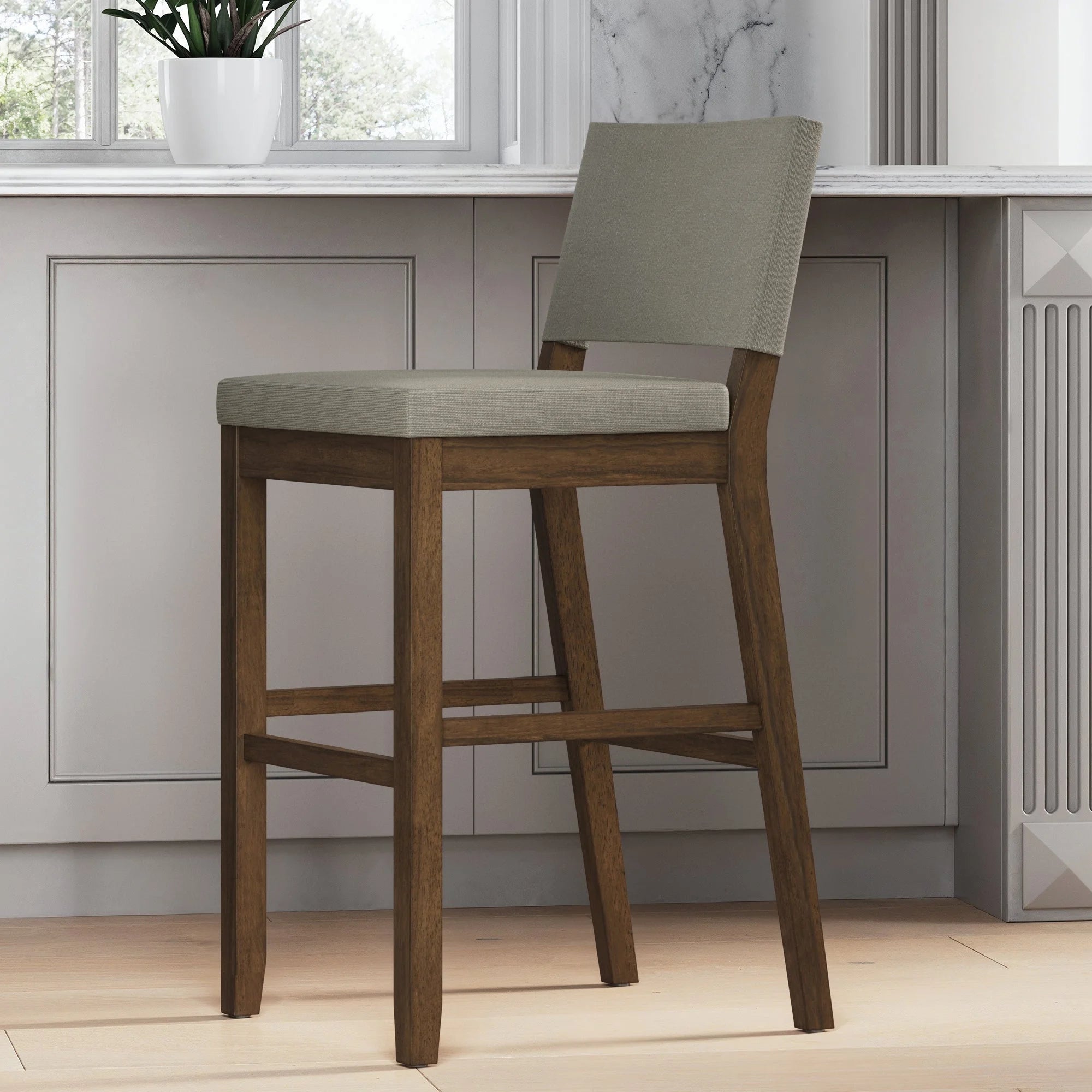 Light Gray Upholstered Bar Stool with Back and Solid Rubberwood Legs T777