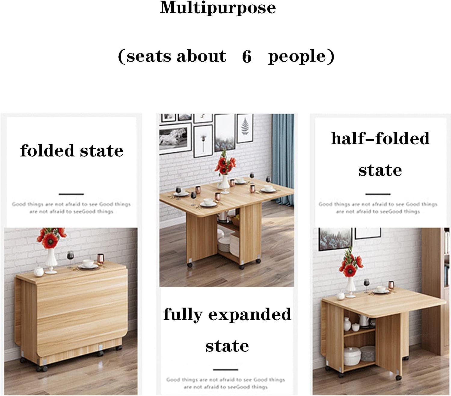 Expandable Rectangle Wood Drop Leaf Dining Table with 6 Wheels H286