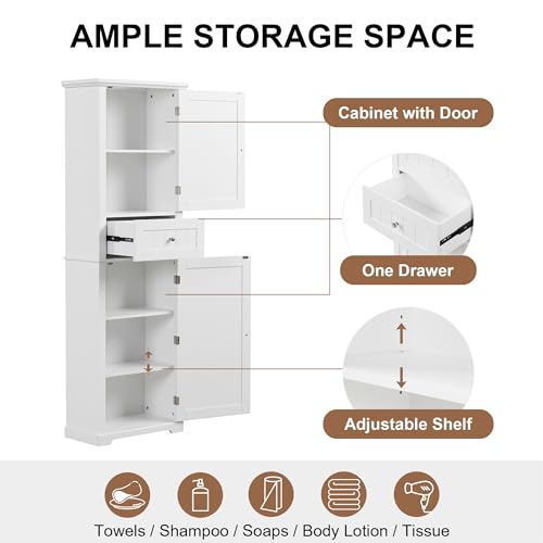 White Tall Bathroom Storage Cabinet with Drawer and Adjustable Shelf A9427