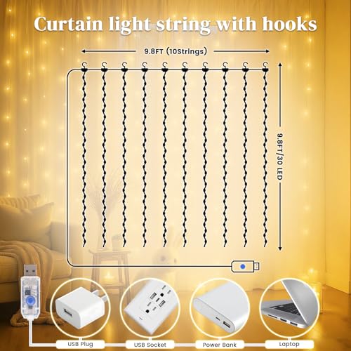 300 LED Fairy Curtain Lights, 9.8ft x 9.8ft Battery Operated Blue String Hanging Lights U57100