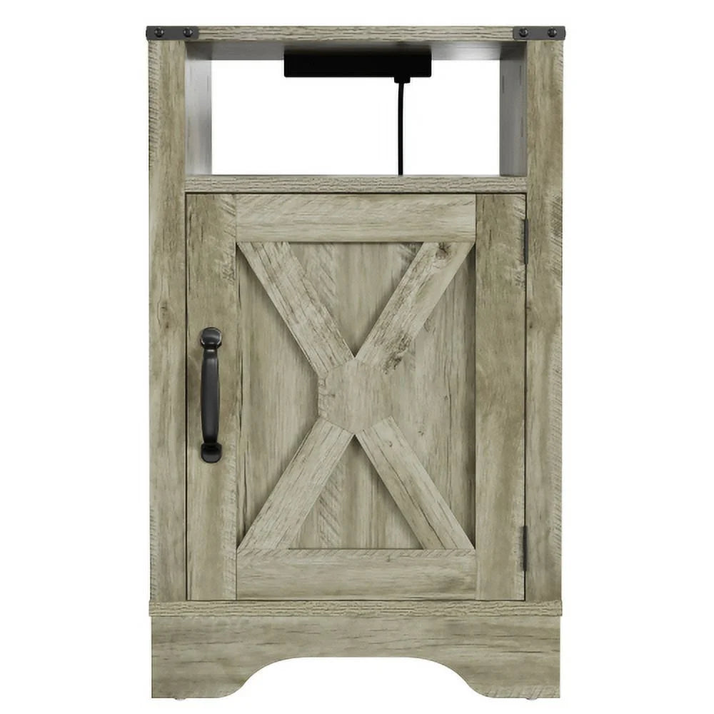 Light Grey Wooden Nightstand with Electrical Outlets H375536