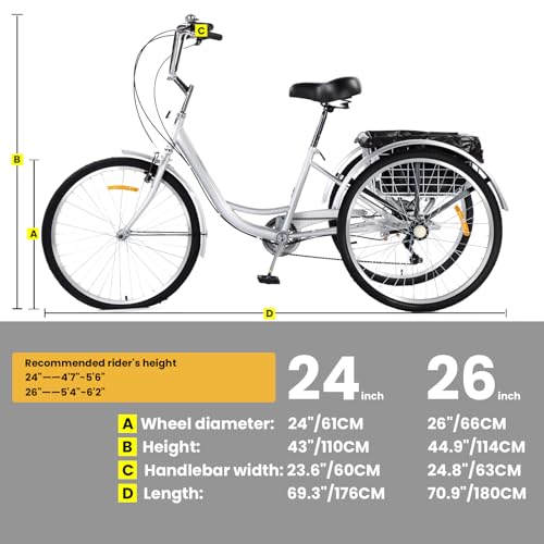 24 & 26 Inch 7 Speed Adult Tricycle with Large Rear Basket F85256