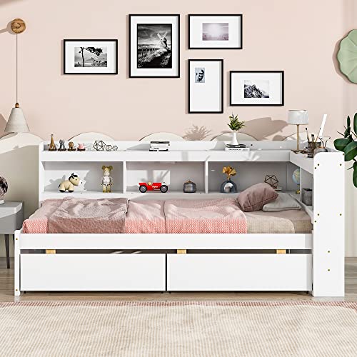 Grey Full Size Wooden Platform Bed with Two Storage Drawers and L-Shaped Bookcase F3796