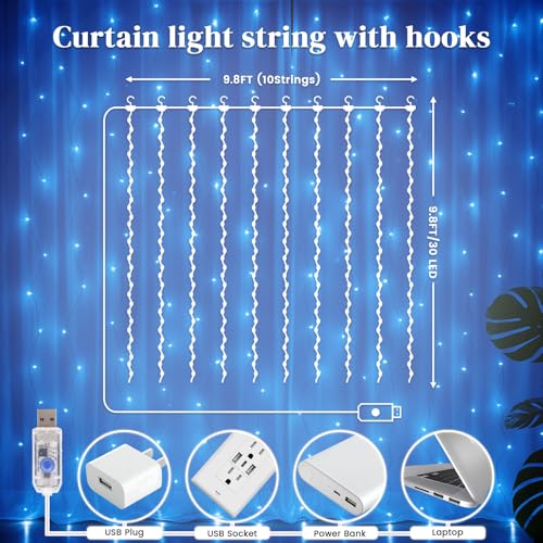 300 LED Fairy Curtain Lights, 9.8ft x 9.8ft Battery Operated Blue String Hanging Lights U57100