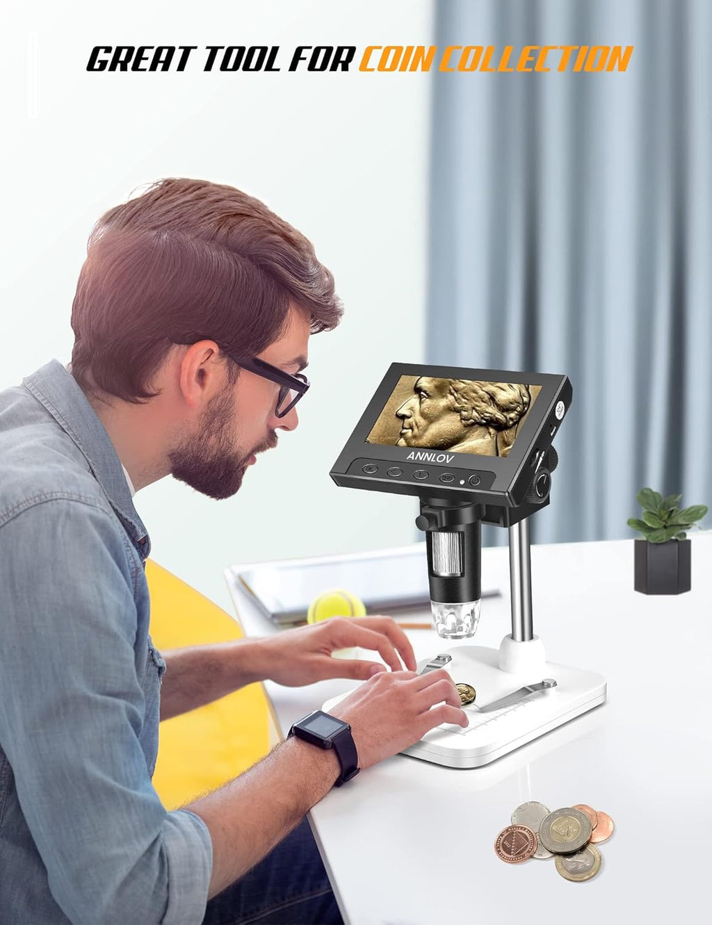 4.3" LCD Digital Microscope, 50X-1000X Magnification, 8 Adjustable LED Lights, 32GB TF Card Included E280