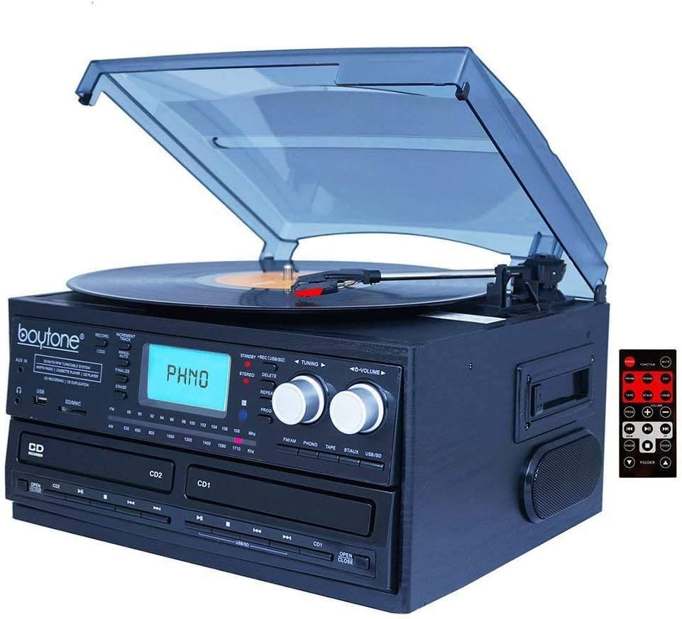 Bluetooth Dual CD Player AM/FM Radio Turntable Record Player with Cassette Player X39459