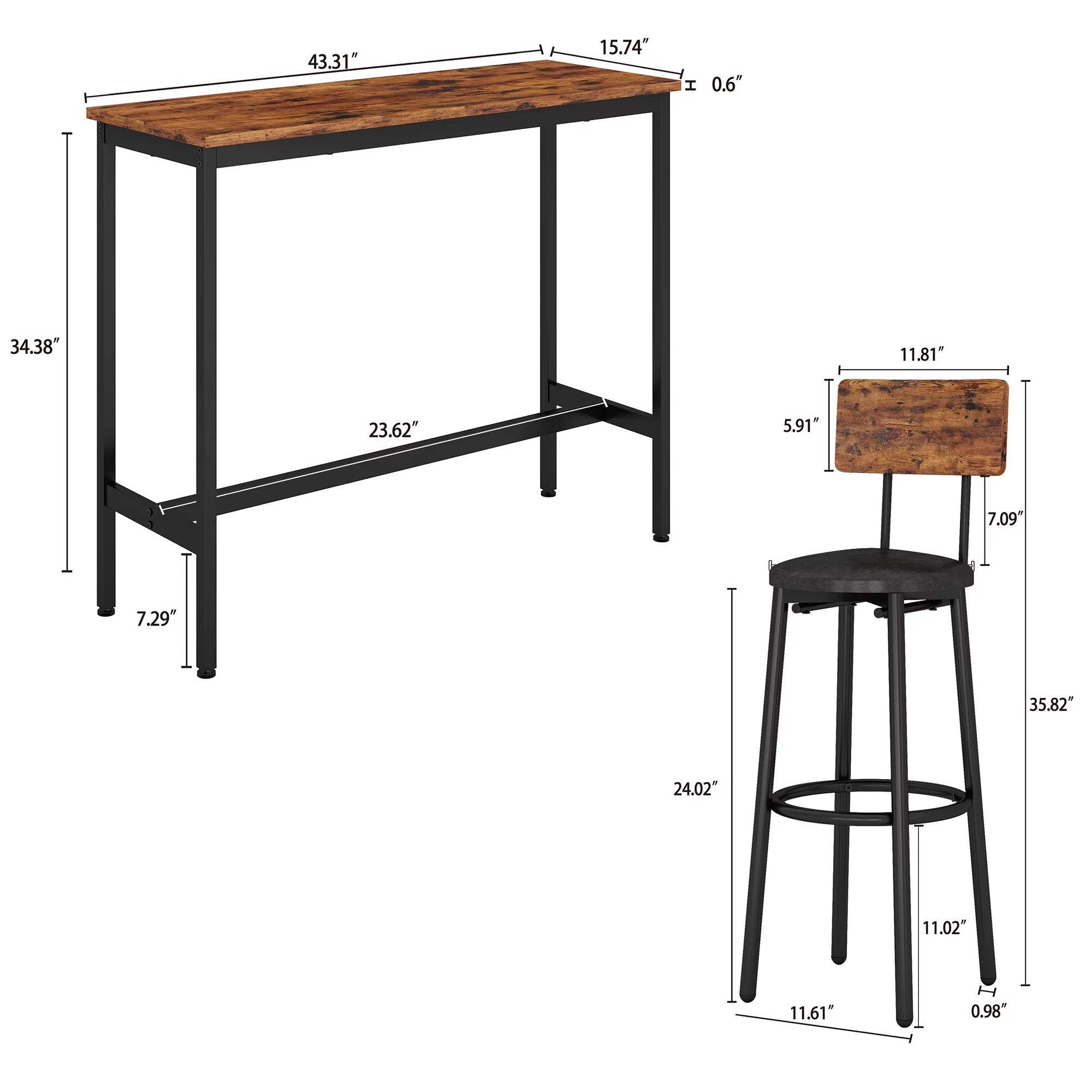 Rustic Brown 3 Pieces Bar Table Set with 2 Stools J7694