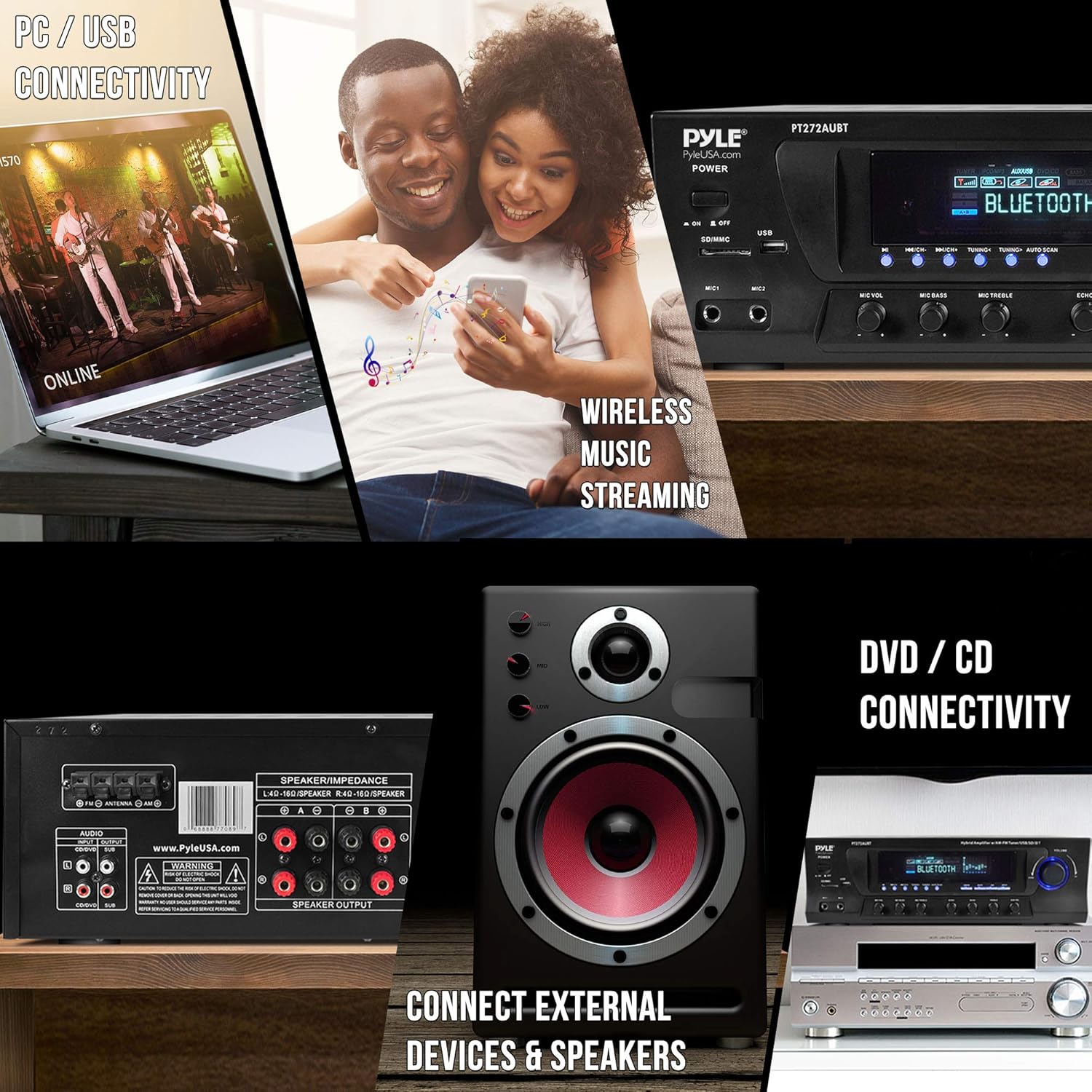 300W 4 Channel Bluetooth Stereo Receiver with USB, AM FM, RCA K48924