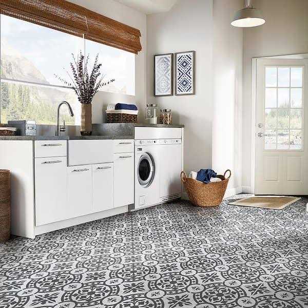 Black and White 2 MIL x 12 in. W x 12 in. L Peel and Stick Water Resistant Vinyl Tile Flooring F3537