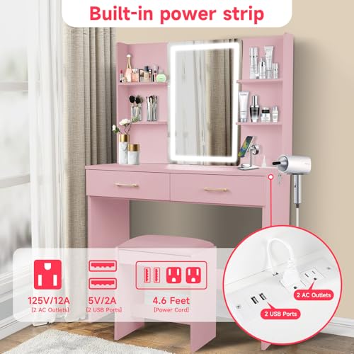 White Vanity Desk with Lighted Mirror and 2 Drawers X135