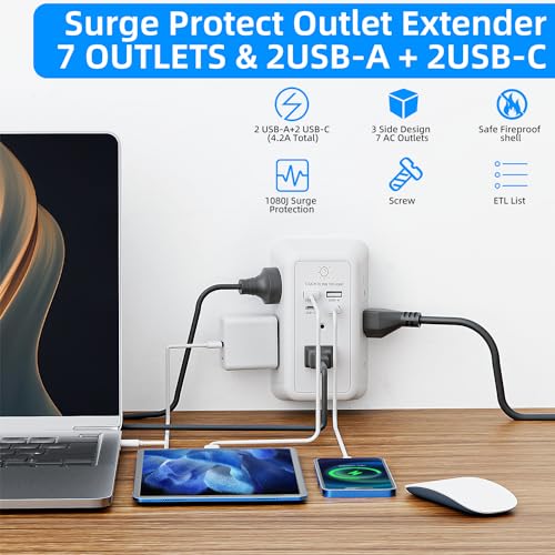 3-Sided Wall Charger Surge Protector with Night Light, 2 USB C and 2 USB Ports O149509