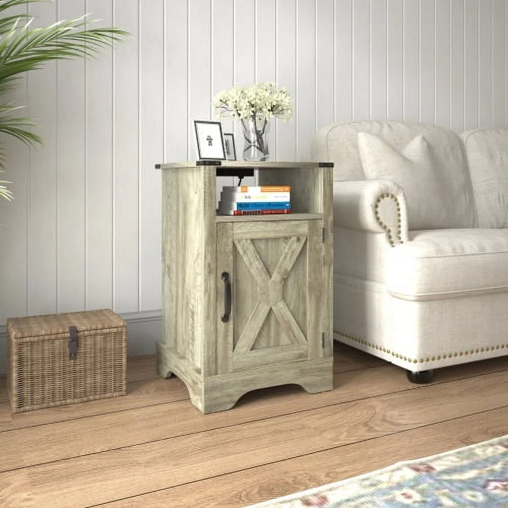 Light Grey Wooden Nightstand with Electrical Outlets H375536