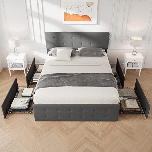 Grey Queen Size Upholstered Platform Bed Frame with 4 Storage Drawers P49629