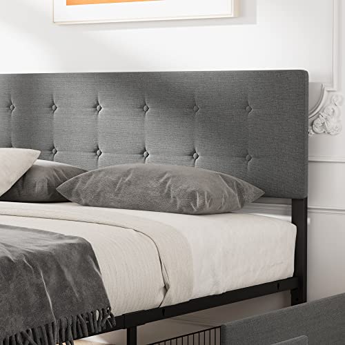Grey Queen Size Upholstered Platform Bed Frame with 4 Storage Drawers P49629