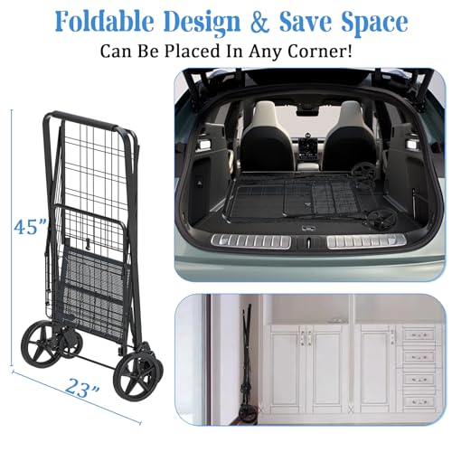 Heavy Duty Folding Shopping Cart with Double Basket, 360° Swivel Wheels, Waterproof Bag C887800