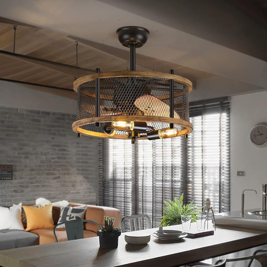 20-inch Industrial Caged Ceiling Fan with Lights Remote Control Y639