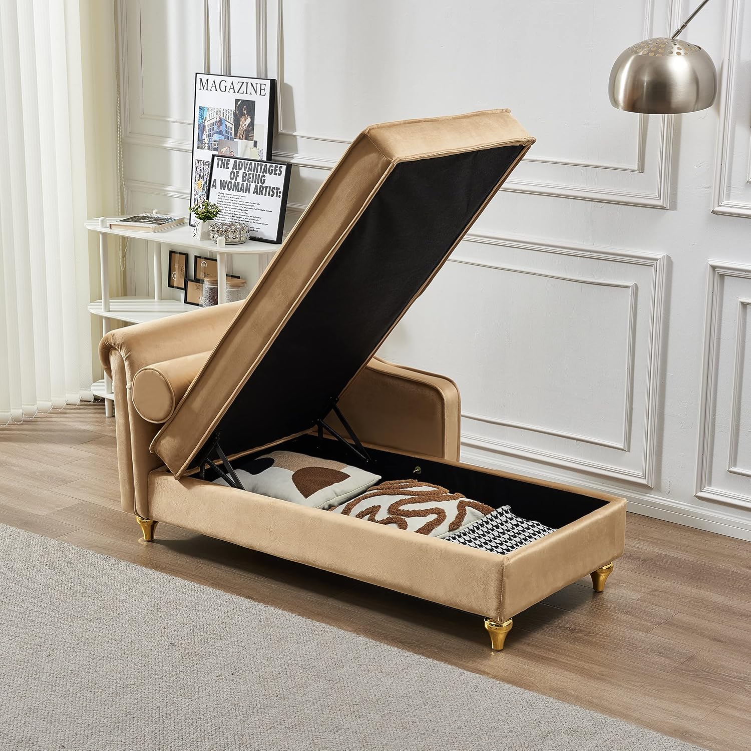 Khaki Velvet Upholstery Chaise Lounge Chair with Storage Z25268