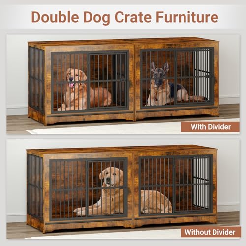 Rustic Brown Double Dog Crate Furniture with Divider E43916