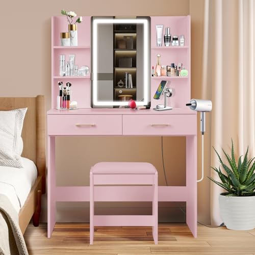 White Vanity Desk with Lighted Mirror and 2 Drawers X135
