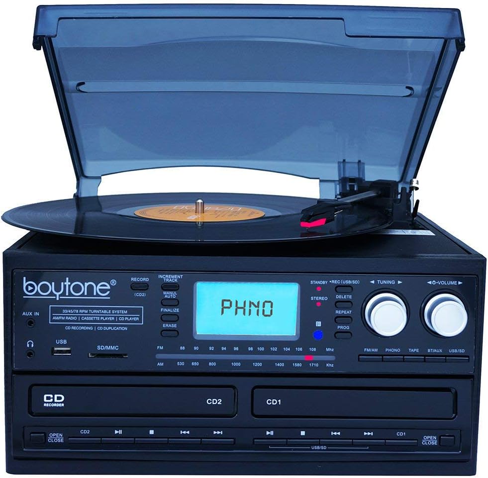 Bluetooth Dual CD Player AM/FM Radio Turntable Record Player with Cassette Player X39459