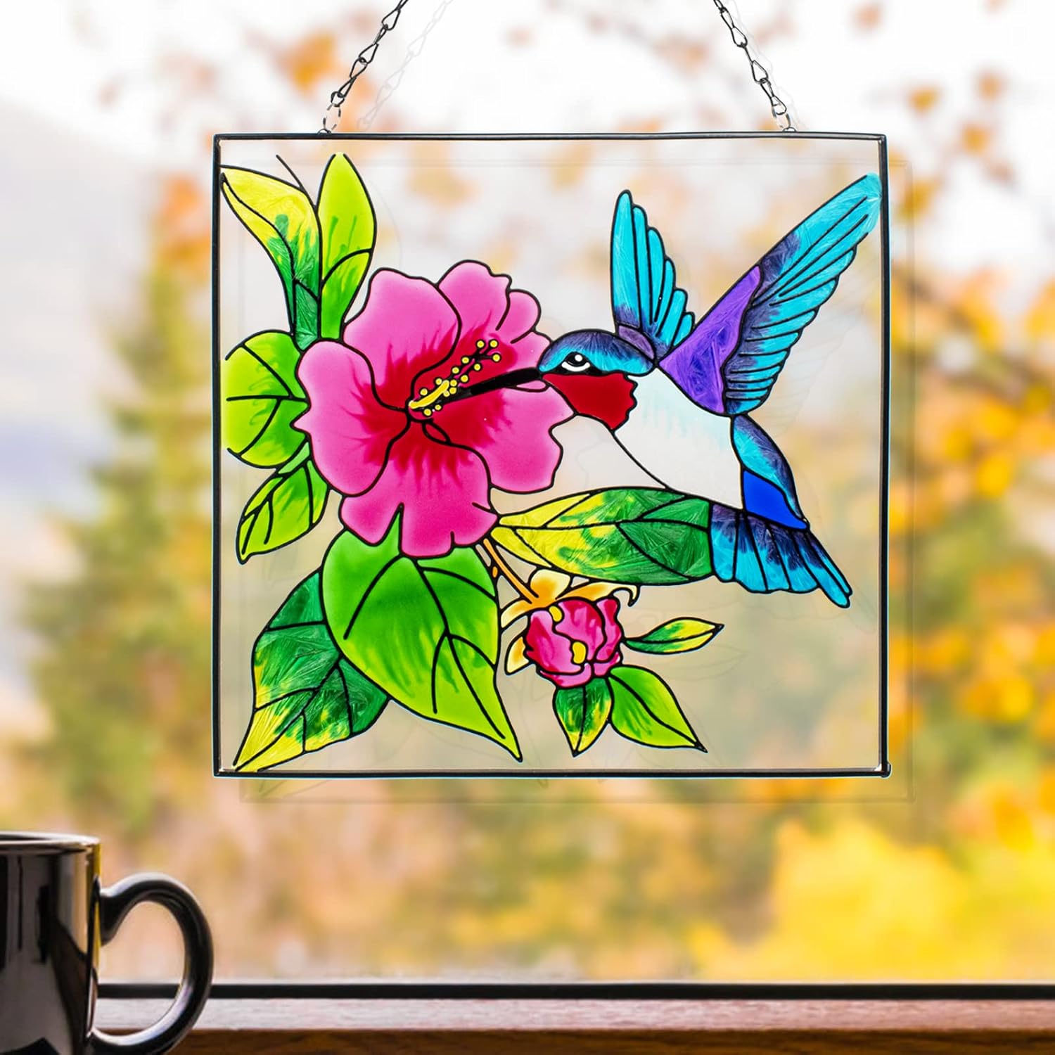 Hummingbird Stained Glass Window Hangings with Metal Chain E66090