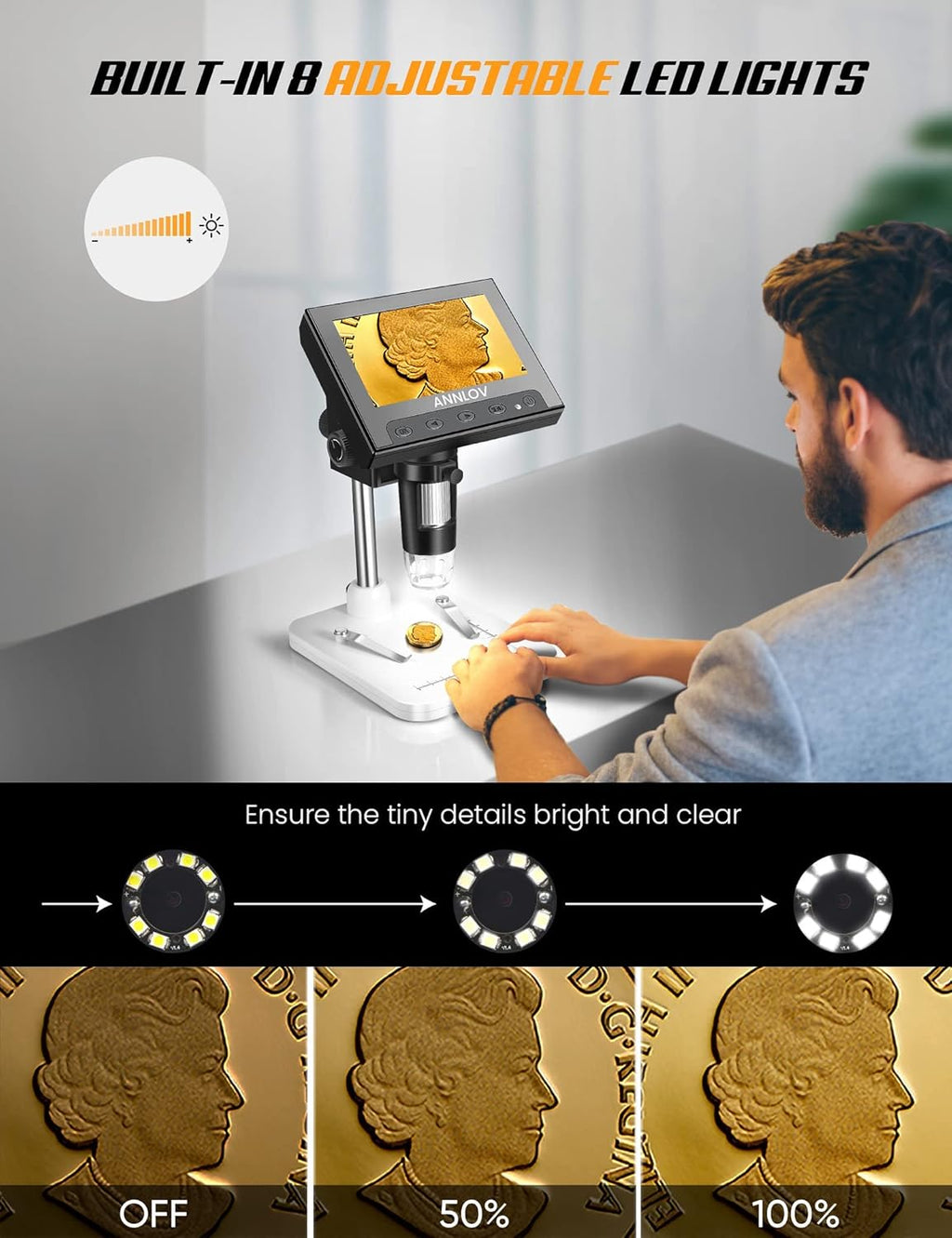 4.3" LCD Digital Microscope, 50X-1000X Magnification, 8 Adjustable LED Lights, 32GB TF Card Included E280