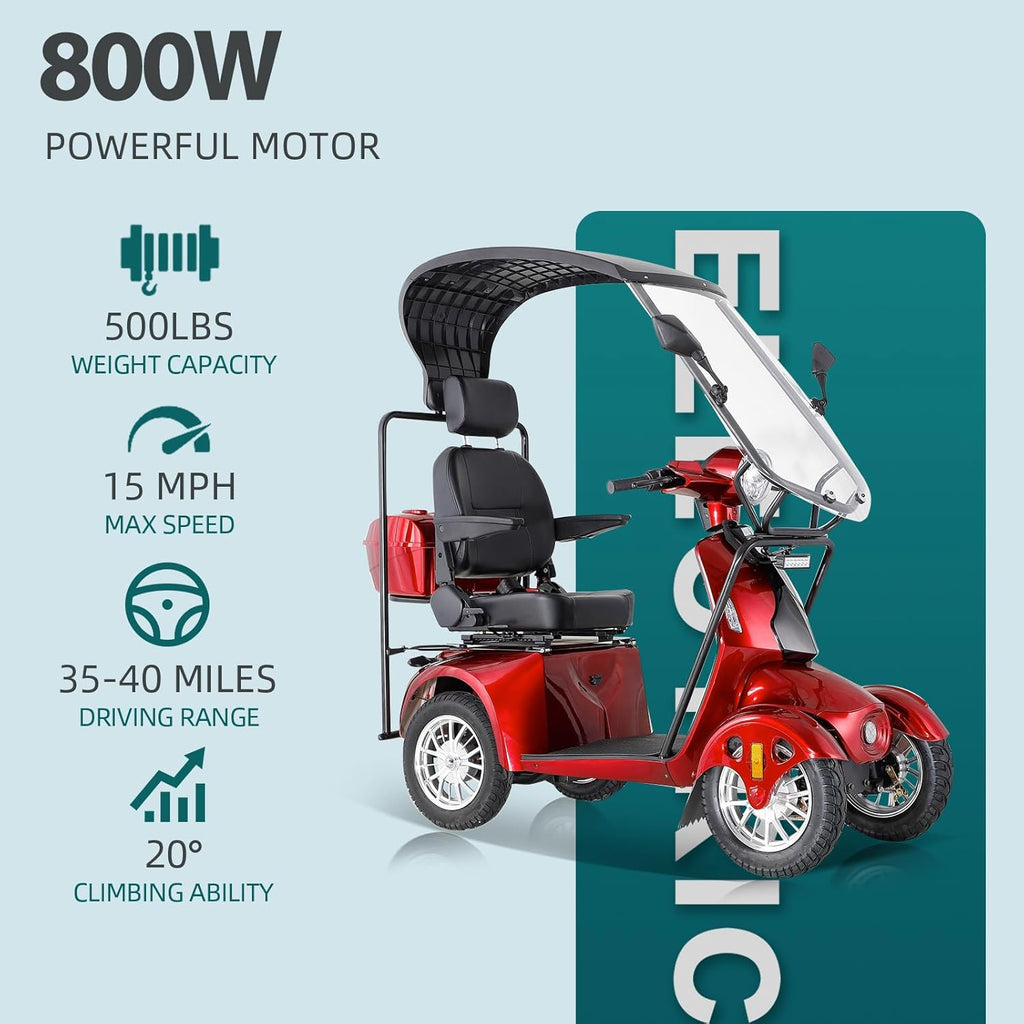 800W Heavy Duty Mobility Scooter with Roof & Windshield 500lbs Capacity B837574