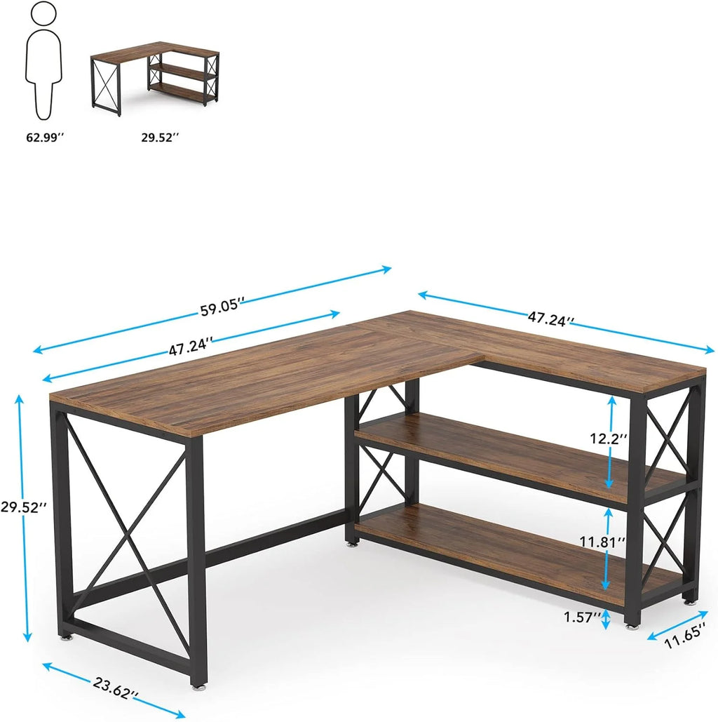 Reversible Industrial L-Shaped Desk with Storage Shelves, Corner Computer Desk (Brown, 59") J136747