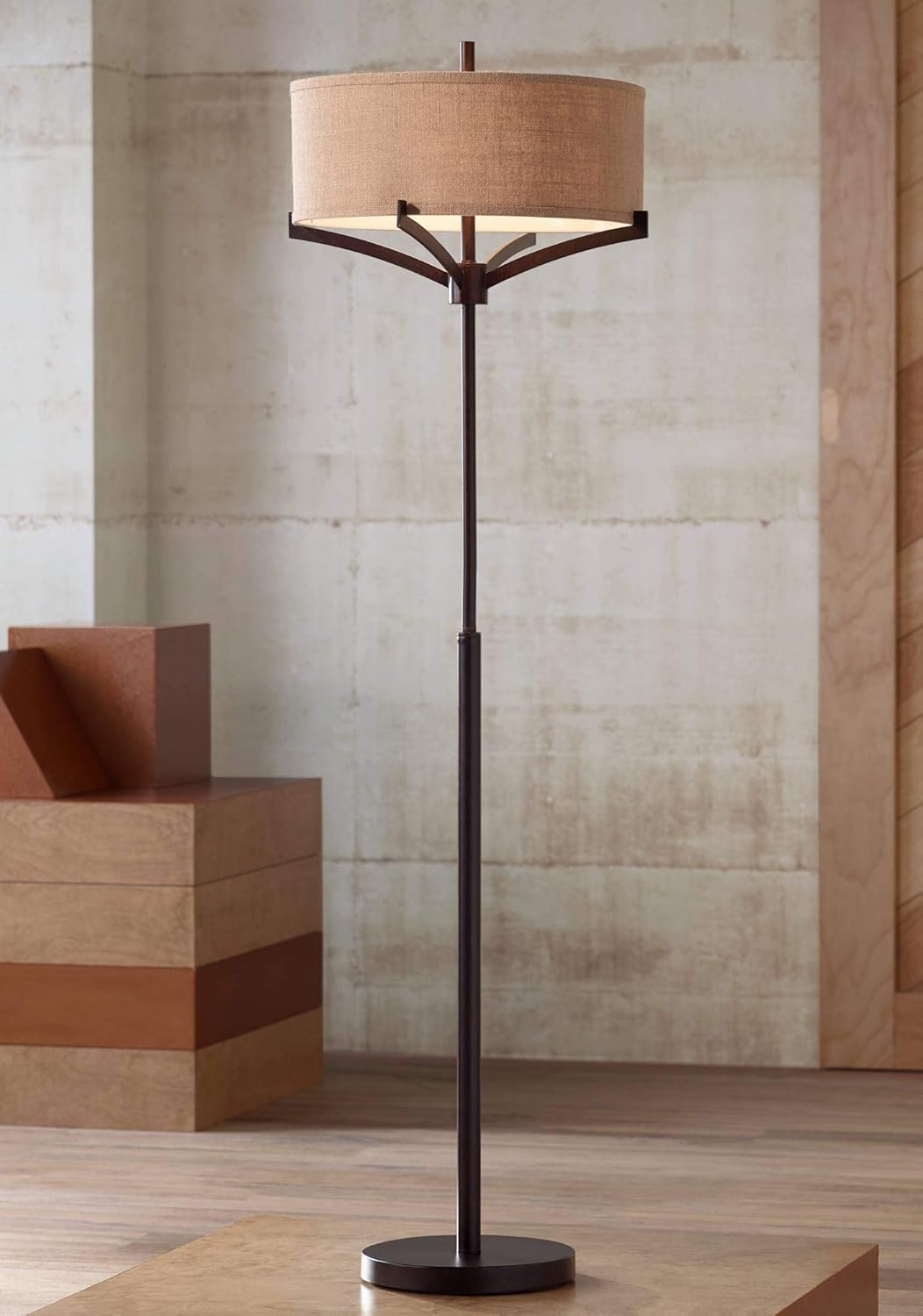 Deep Bronze Metal Floor Lamp with Tan Burlap Drum Shade J32703