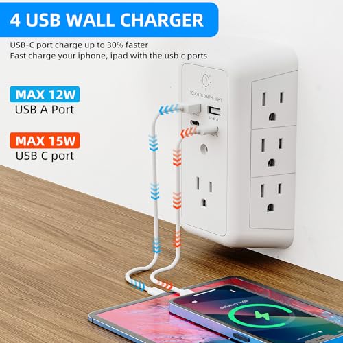 3-Sided Wall Charger Surge Protector with Night Light, 2 USB C and 2 USB Ports O149509