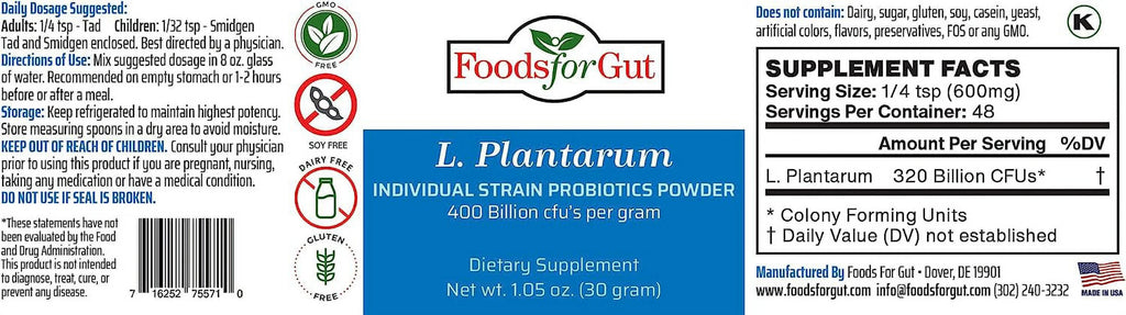 Lactobacillus Plantarum Probiotic Powder 400 Billion cfu's 30 Gram A35779