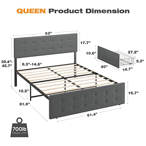 Grey Queen Size Upholstered Platform Bed Frame with 4 Storage Drawers P49629