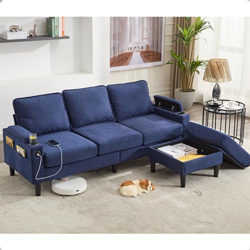 Beige Linen 3 Seat Sectional Sofa with Storage Ottoman F650
