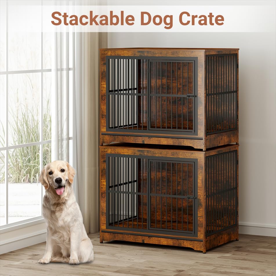Rustic Brown Double Dog Crate Furniture with Divider E43916