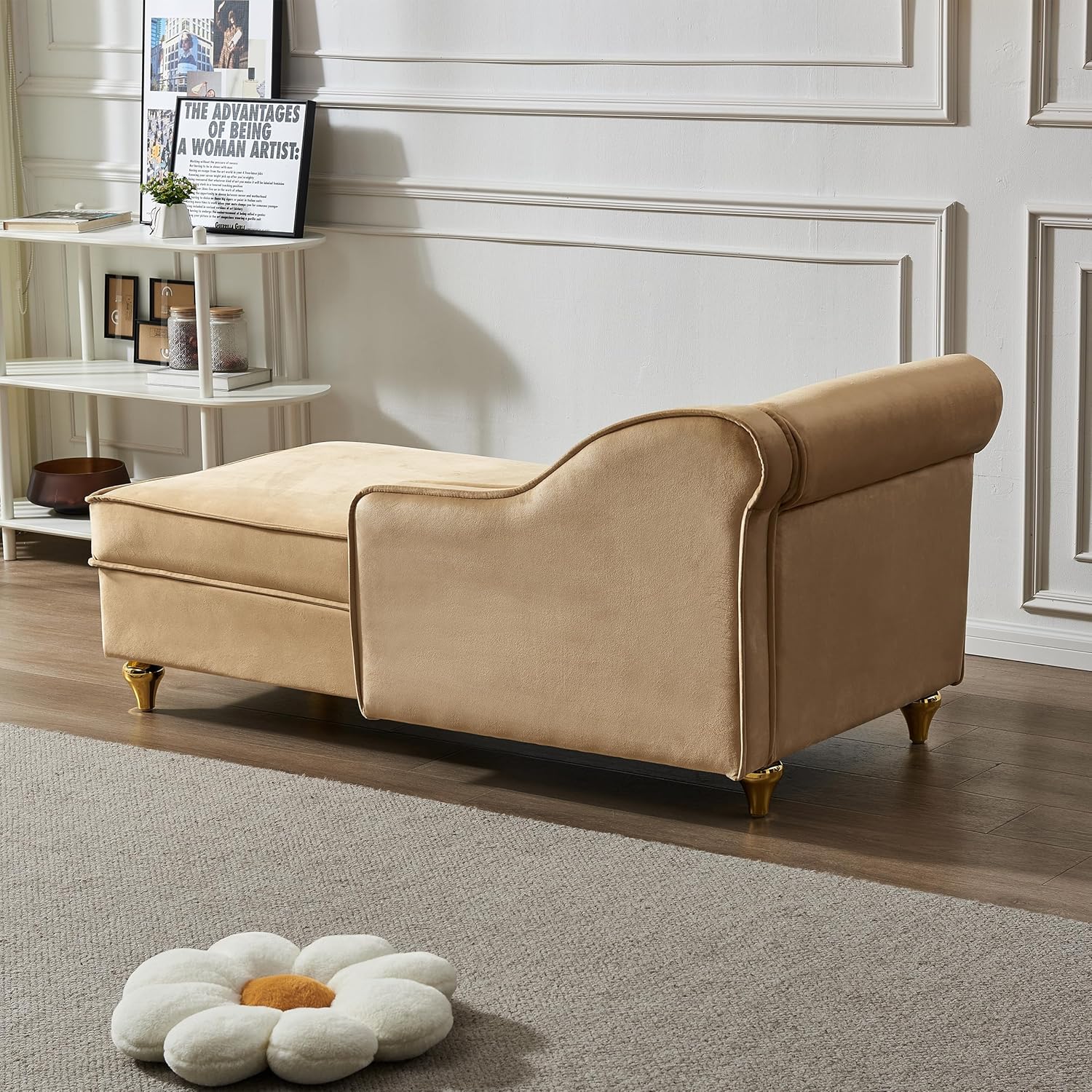 Khaki Velvet Upholstery Chaise Lounge Chair with Storage Z25268