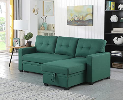 L-Shape Green Linen Sofa with Storage Chaise and Pull-Out Bed P660491