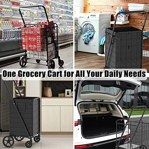 Heavy Duty Folding Shopping Cart with Double Basket, 360° Swivel Wheels, Waterproof Bag C887800