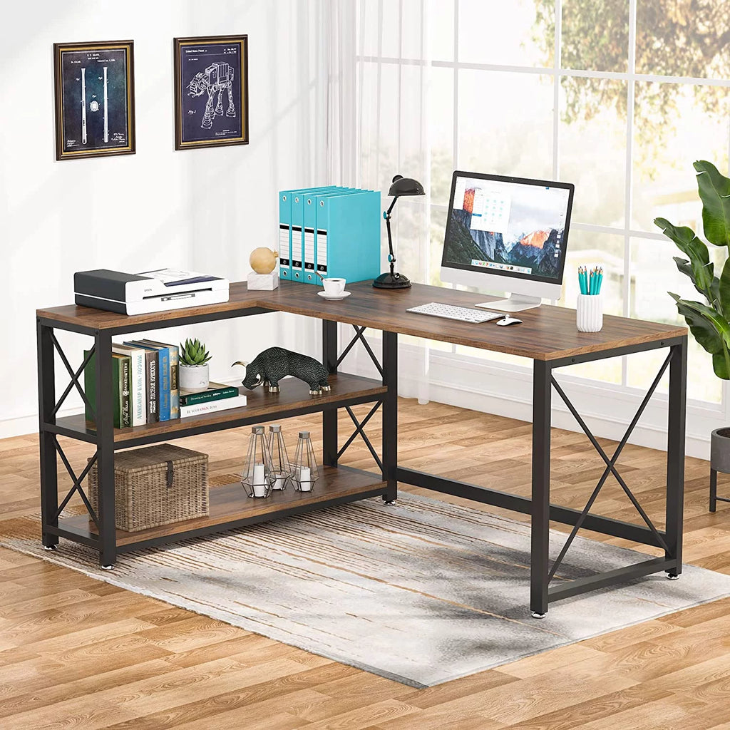 Reversible Industrial L-Shaped Desk with Storage Shelves, Corner Computer Desk (Brown, 59") J136747