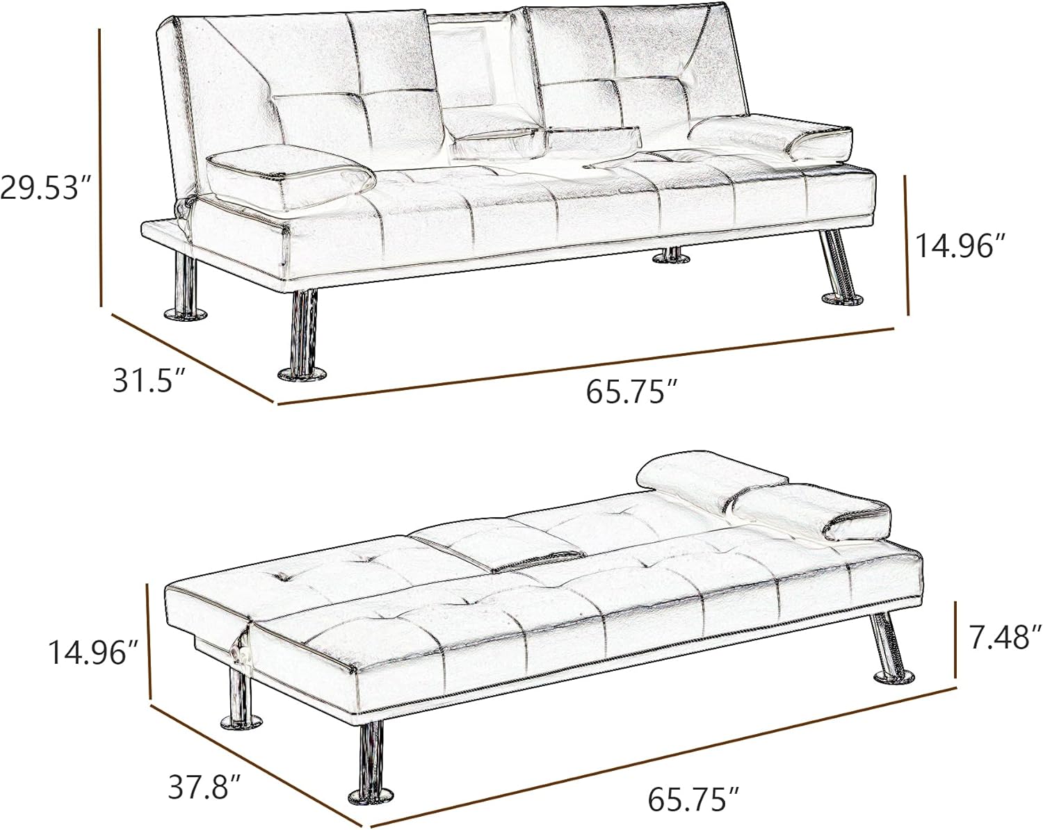 Black Faux Leather Loveseat Sofa Bed with Cup Holders H32808