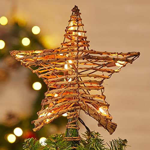 3D Rustic Rattan Christmas Tree Star Topper with 10 Bulbs Q43996